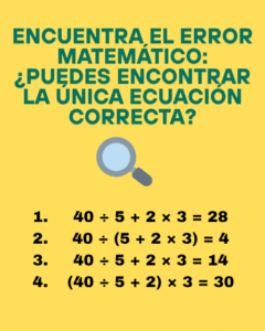 Read more about the article Encuentra el error matemático: ¿puedes encontrar la única ecuación correcta?